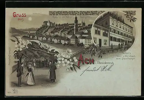 Lithographie Ach, Pachler`s Wein- u. Gasthaus vorm Haselberger, Totalansicht