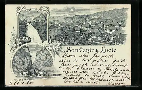 Mondschein-Lithographie Locle, Panorama, Chute du Doubs, Col des Roches