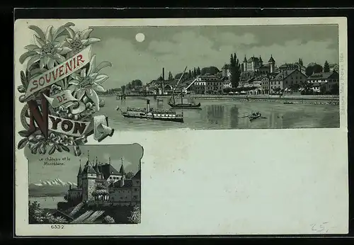 Lithographie Nyon, Le château et le Montblanc, Panorama mit Dampfer