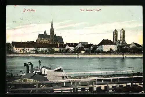 AK Breslau, Blick auf die Universität, Dom, Kreuzkirche