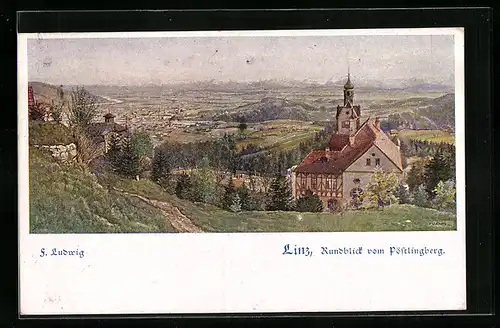 Künstler-AK Linz, Rundblick vom Pöstlingberg