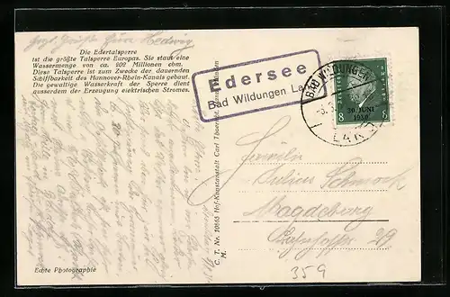 AK Landpoststempel Edersee /Bad Wildungen Land