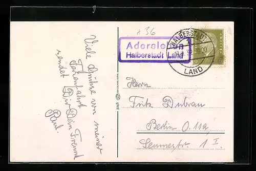 AK Landpoststempel Adersleben /Halberstadt Land