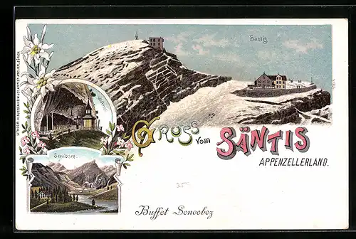 Lithographie Säntis, Gasthaus auf dem Gipfel, Seealpsee