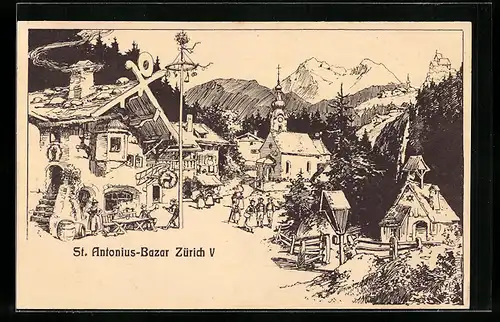 Künstler-AK Zürich, St. Antonius-Bazar, Volksfest