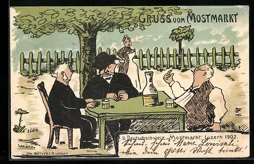 Lithographie Luzern, II. Deutschschweiz. Mostmarkt 1902, Männer sitzen im Wirtshausgarten
