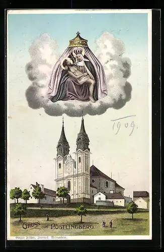 Künstler-AK Pöstlingberg, Gnadenmutter mit Ortskirche