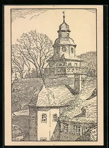 Künstler-AK Meerholz, Schlosshofwinkel und Kirchturm