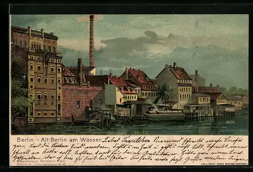 Lithographie Alt-Berlin, Teilansicht am Wasser