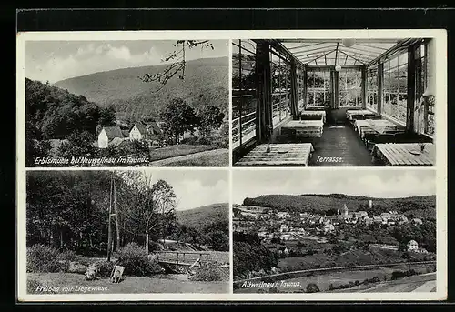 AK Altweilnau /Taunus, Pension Erbismühle, Bes. Rich. Schneider, Freibad mit Liegewiese, Terrasse