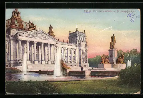 AK Berlin, Reichstagsgebäude mit Bismarck-Denkmal