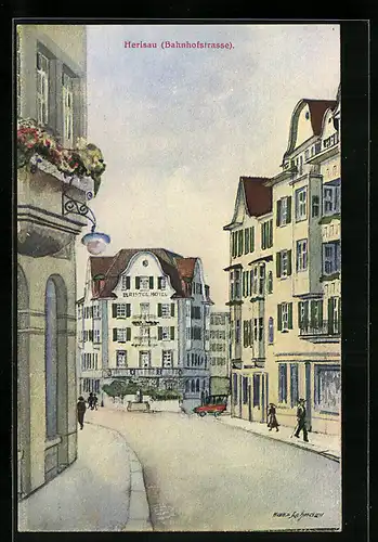 AK Herisau, Bahnhofstrasse mit Blick auf das Bristol Hotel