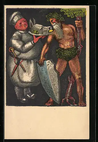 Künstler-AK Luzern, 1. Schweizer Kochkunst-Ausstellung 1923, Koch und Wilder Mann