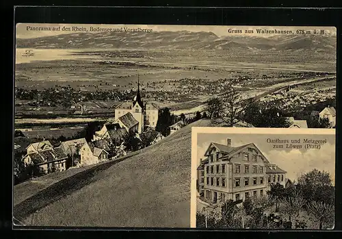 AK Walzenhausen, Gasthaus und Metzgerei zum Löwen, Panorama auf den Rhein, Bodensee und Vorarlberge