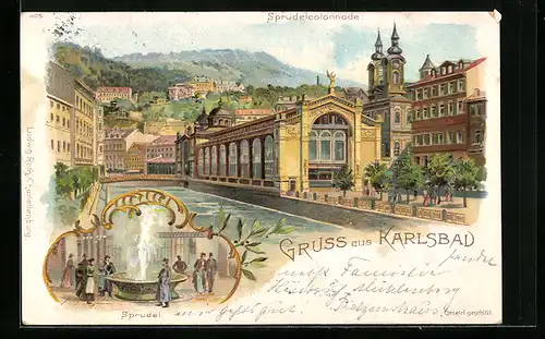 Lithographie Karlsbad, Sprudel und Sprudelcolonnade