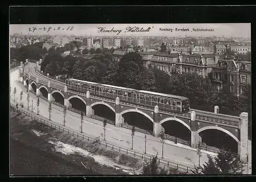 AK Hamburg-Barmbeck, Hochbahnstrecke mit Bahn und Strasse aus der Vogelschau