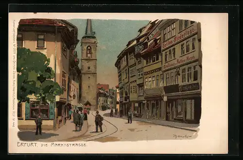 Künstler-Lithographie Alexander Marcks: Erfurt, die Marktstrasse