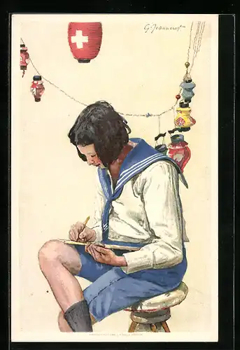 AK Schweizer Bundesfeier 1925, Für unsere Taubstummen und Schwerhörigen, Junge Person beim Schreiben, Ganzsache