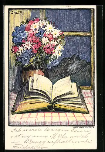 Künstler-AK Schweizer Bundesfeier 1922, Fete Nationale, Stilleben mit Buch und Blumen, Ganzsache