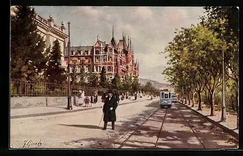 Künstler-AK Zürich, Rotes Schloss mit Strassenbahn