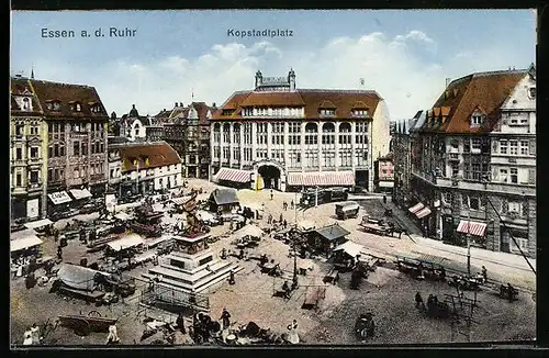 AK Essen /Ruhr, Kopstadtplatz mit Marktbetrieb aus der Vogelschau