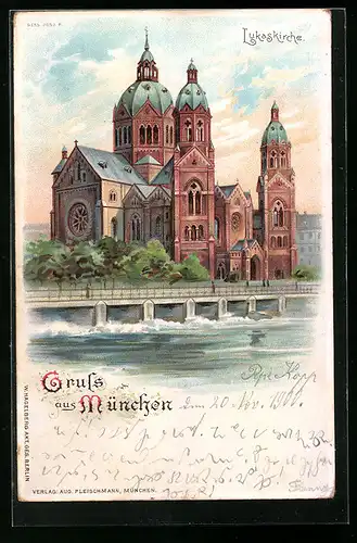 Lithographie München, Blick nach der Lukaskirche