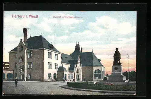 AK Herford i. Westf., Bahnhof mit Kurfürstendenkmal