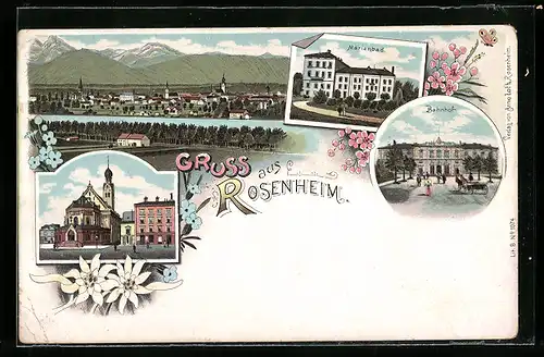 Lithographie Rosenheim, Marienbad, Bahnhof und Panorama