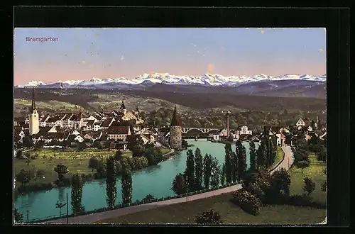 AK Bremgarten, Generalansicht der Stadt gegen die Alpen