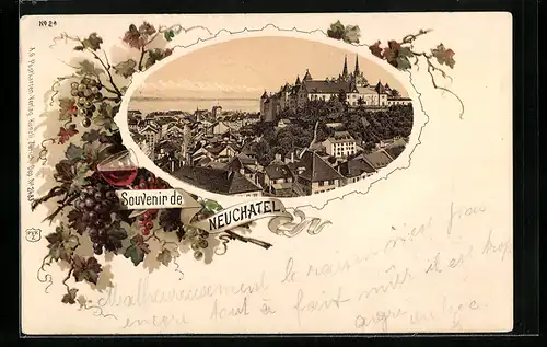 Lithographie Neuchatel, Ortsansicht aus der Vogelschau