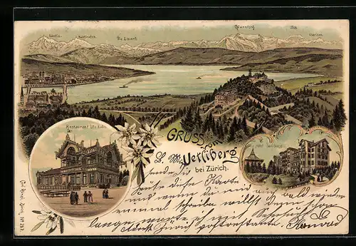 Lithographie Zürich, Restaurant Uto Kulm, Hotel Vetliberg, Panorama mit Bergen und See