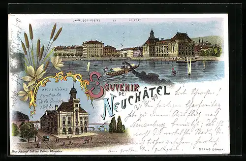 Lithographie Neuchatel, L`Hotel-des-Postes et le Port, La Poste fédérale