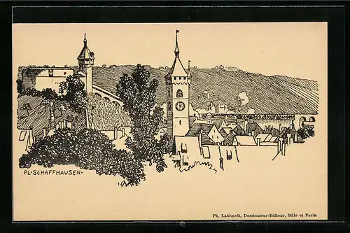 Lithographie Schaffhausen, Ortsansicht mit Türmen