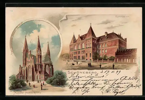 Lithographie Berlin-Schöneberg, Gymnasium, Apostel Paulus Kirche