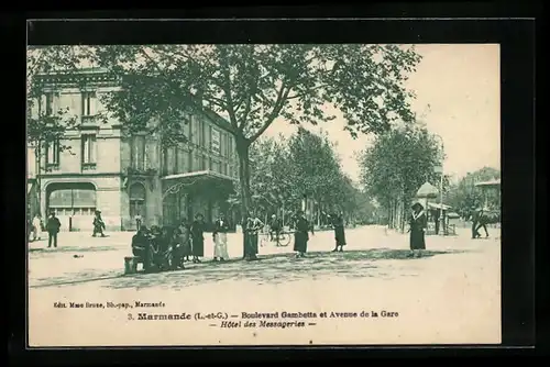 AK Marmande, Boulevard Gambetta et Avenue de la Gare & Hôtel des Messageries