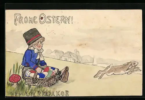 Künstler-AK Handgemalt: Mann mit Osterkorb und dem Osterhasen, Ostergruss