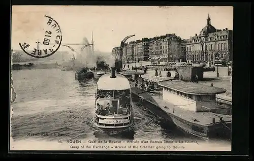 AK Rouen, Quai de la Bourse, Arrivée d`un Bateau allant à La Bouille