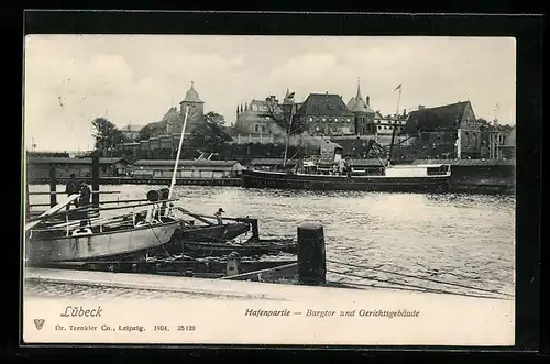 AK Lübeck, Hafenpartie mit Burgtor und Gerichtsgebäude