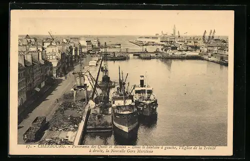 AK Cherbourg, Panorama des Quais et Bassins, Dans le lointain à gauche, l`Église de la Trinité..., Hafen