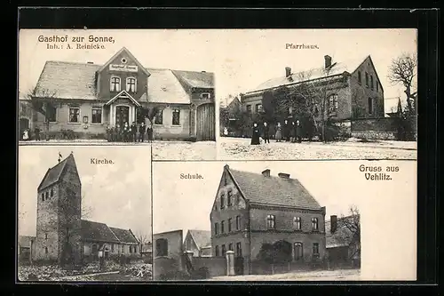 AK Vehlitz, Gasthof zur Sonne, Pfarrhaus, Kirche und Schule