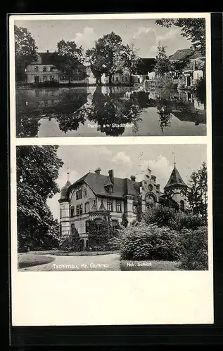 AK Tschirnau Kreis Guhrau, Partie am Stadtteich, Ndr. Schloss