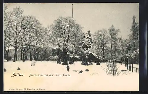 AK Zittau, Promenade an der Kreuzkirche im Schnee