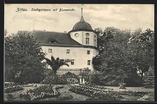 AK Zittau, Stadtgärtnerei mit Blumenuhr