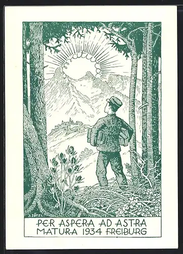 Künstler-AK Freiburg, Matura 1934, Absolvia, Per Aspera ad Astra, Schüler blickt zur Sonne