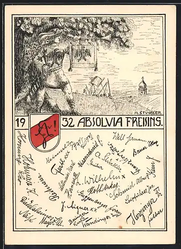 Künstler-AK Freising, Absolvia 1932, Fanfarenbläser