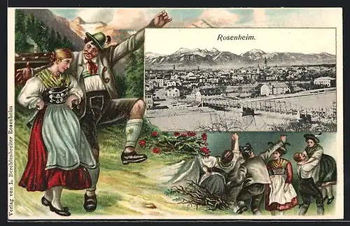 Passepartout-Lithographie Rosenheim, Tanzendes Paar in Trachtenkeidung und Ortsausblick