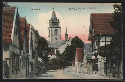 AK Gross-Gerau, Hellwigstrasse mit Blick zur Kirche