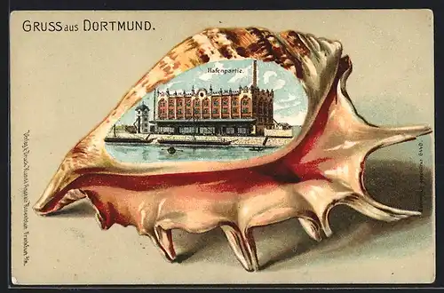 Passepartout-Lithographie Dortmund, Hafenpartie mit Gebäude