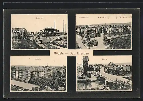 AK Mügeln /Bez. Dresden, Bahnhof, Schule, Bismarckstrasse mit Kreuzstrasse und Mittelstrasse