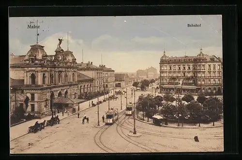 AK Mainz, Bahnhof mit Strassenbahn